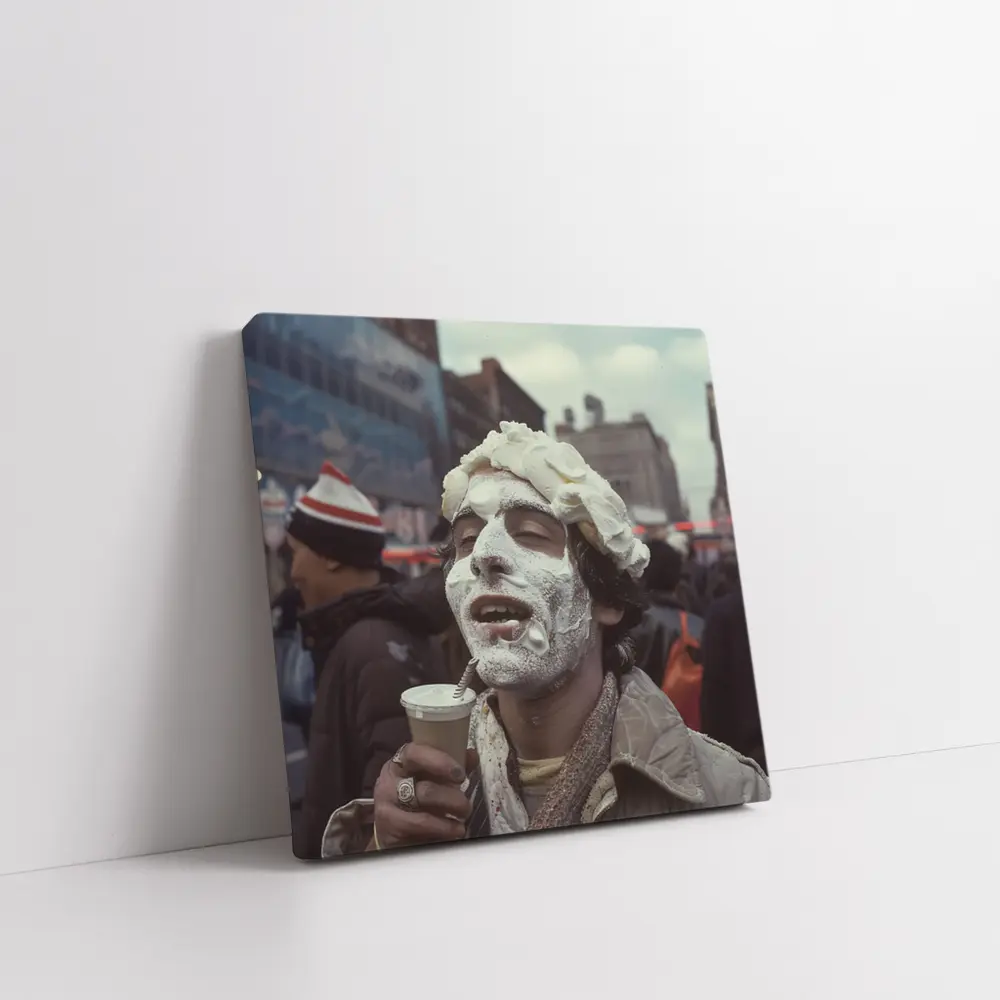 Man Covered Whipped Cream Busy City Street – Wall Art