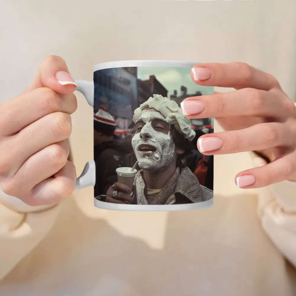 Man Covered Whipped Cream Busy City Street – Mugs