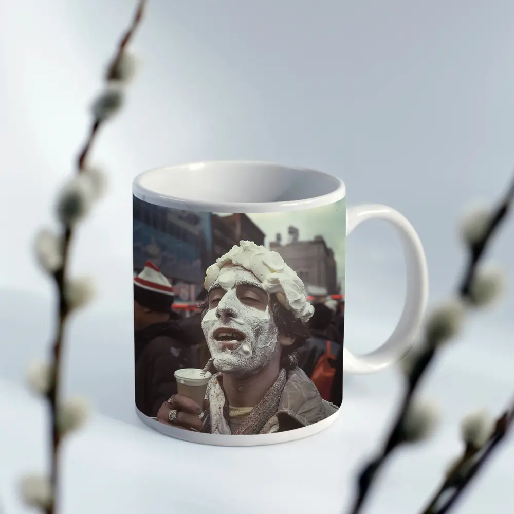 Man Covered Whipped Cream Busy City Street – Mugs