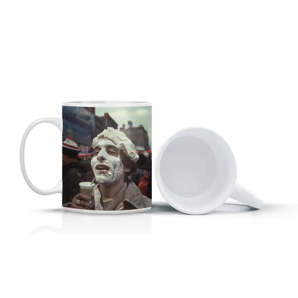 Man Covered Whipped Cream Busy City Street – Mugs