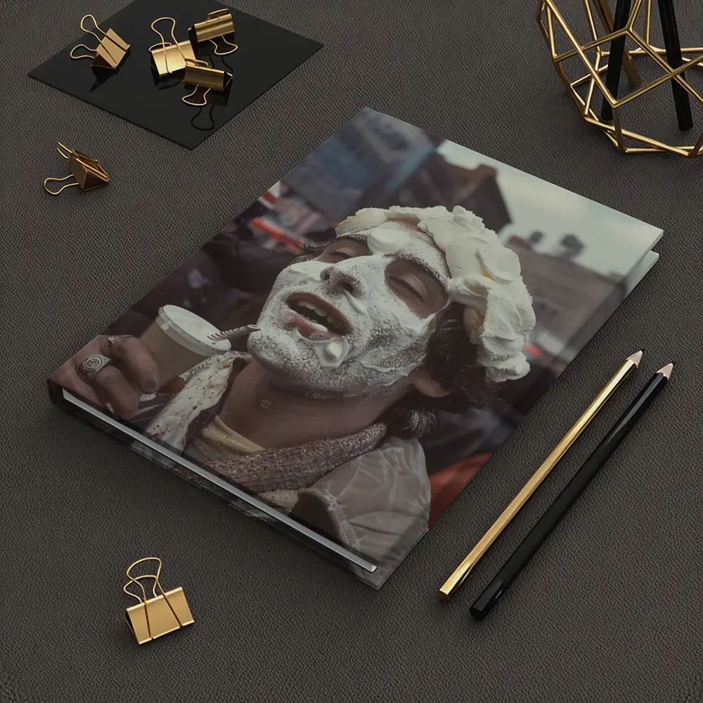 Man Covered Whipped Cream Busy City Street – Notebooks