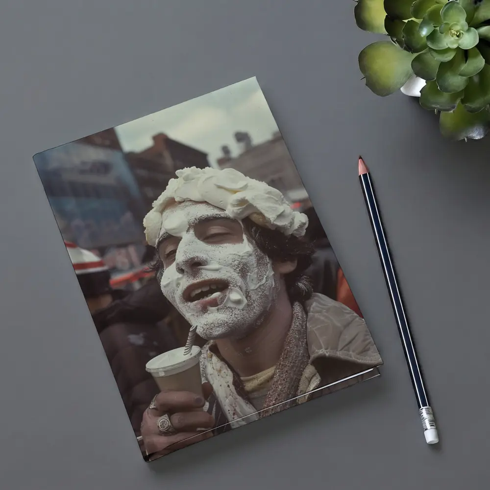 Man Covered Whipped Cream Busy City Street – Notebooks