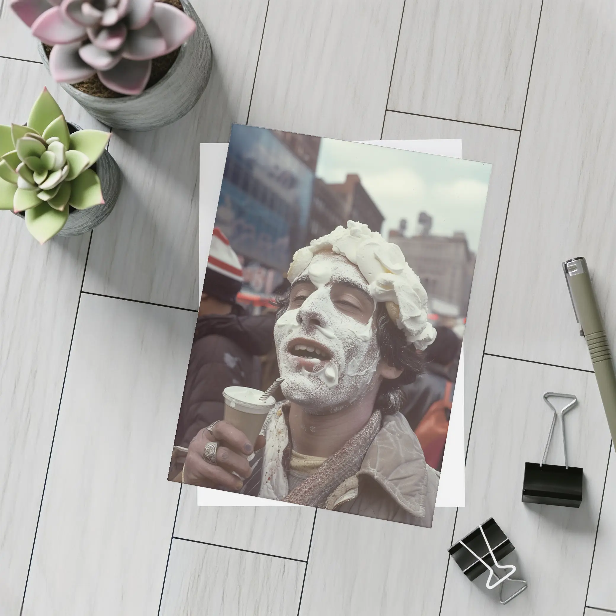 Man Covered Whipped Cream Busy City Street – Postcards