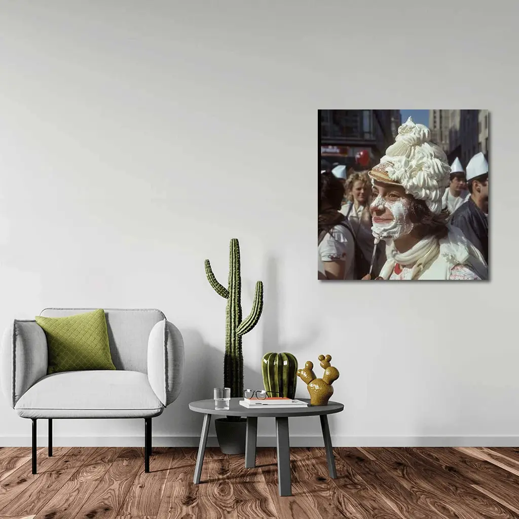 Woman Covered in Whipped Cream City Street – Wall Art