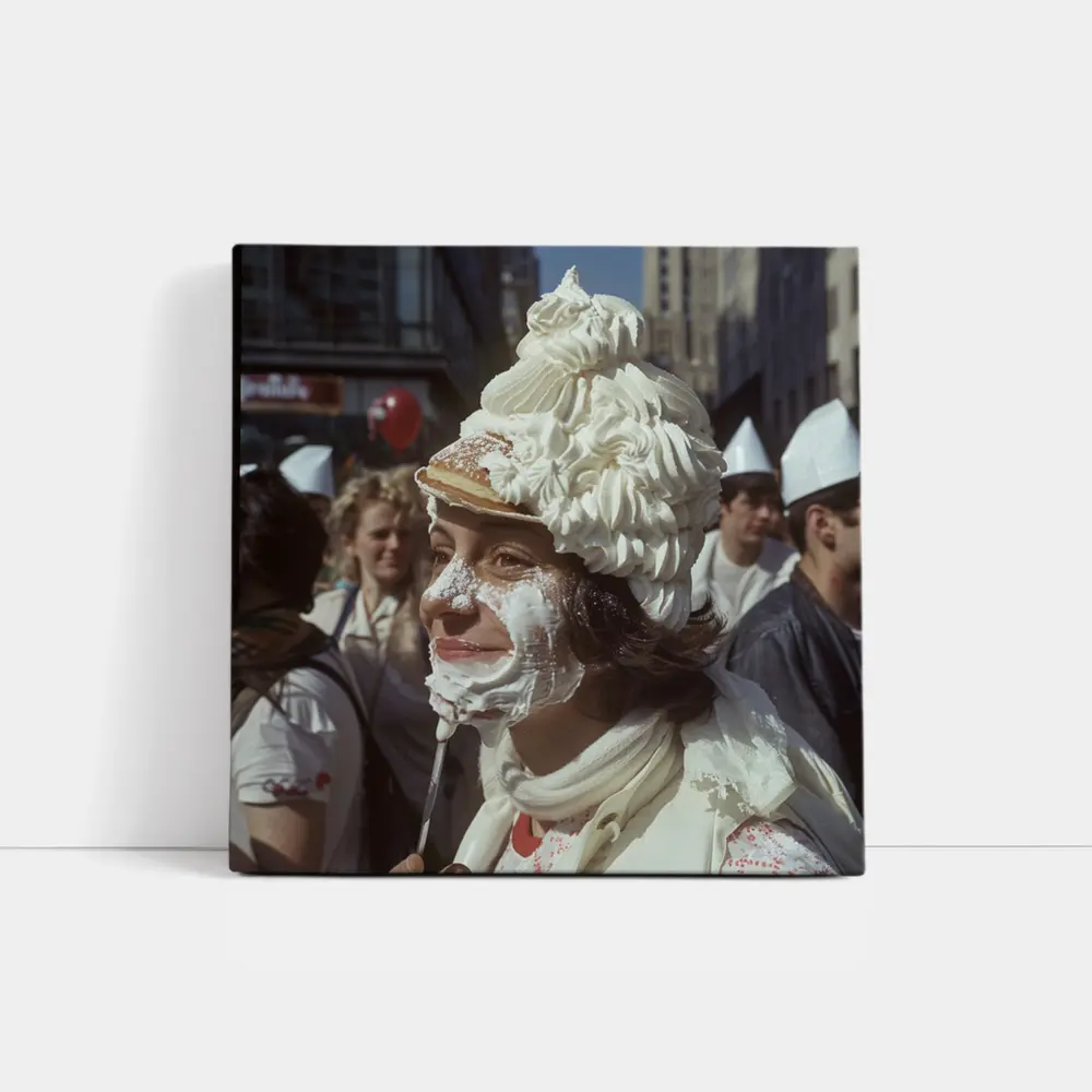 Woman Covered in Whipped Cream City Street – Wall Art