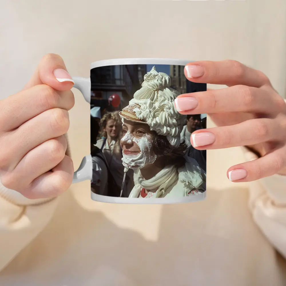 Woman Covered in Whipped Cream City Street – Mugs