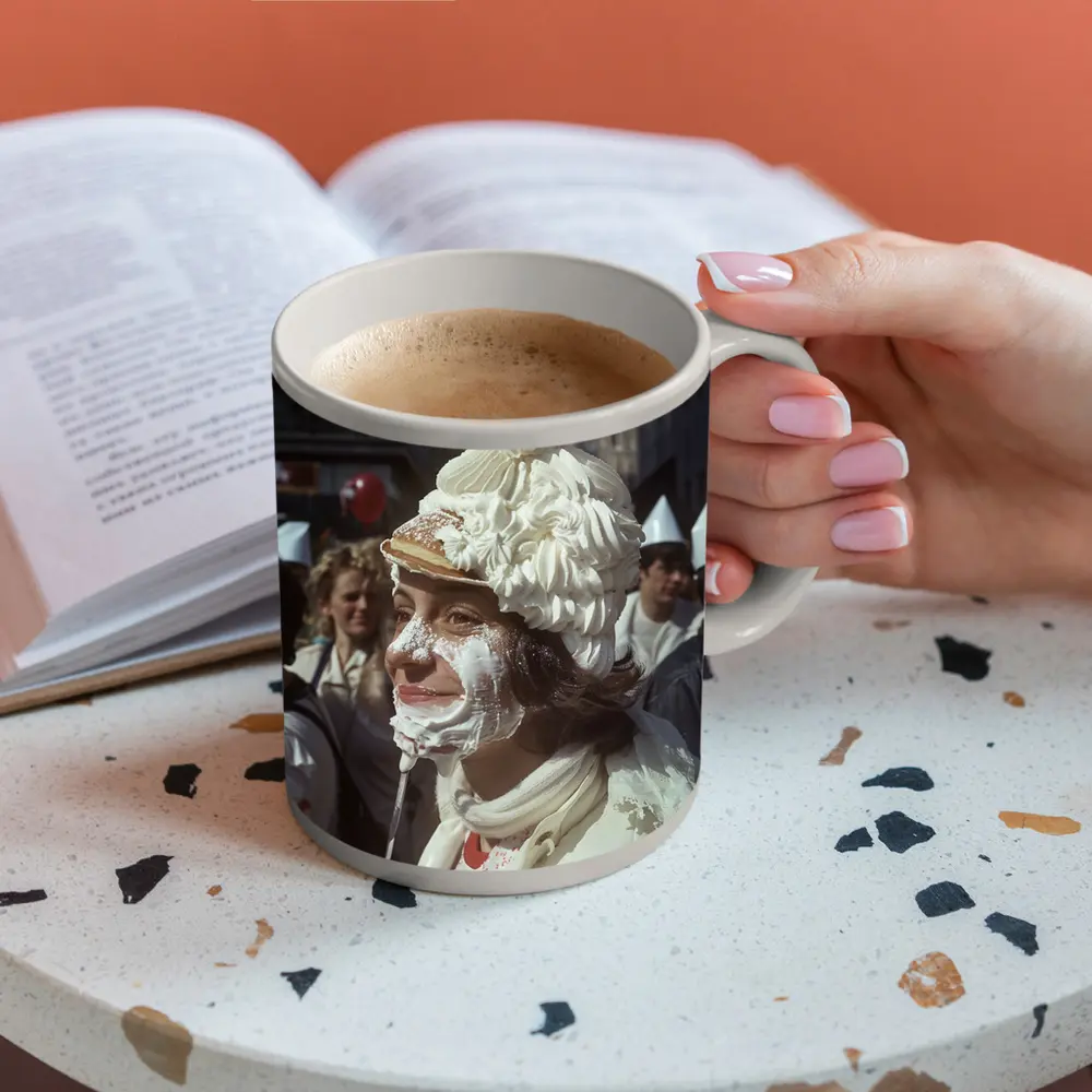 Woman Covered in Whipped Cream City Street – Mugs