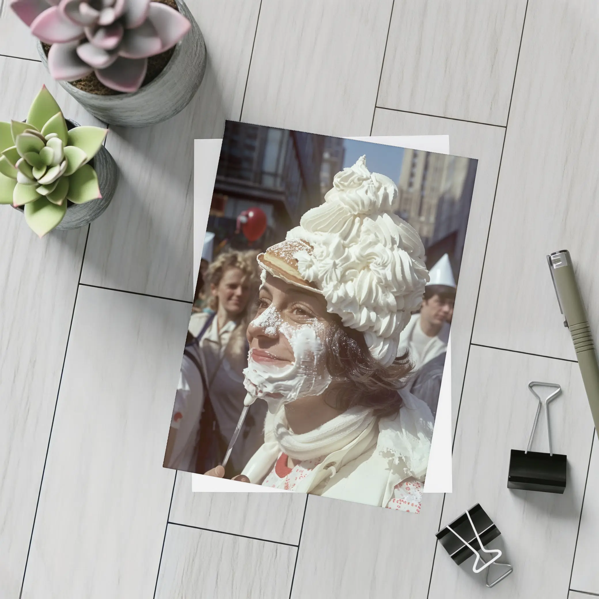 Woman Covered in Whipped Cream City Street – Postcards