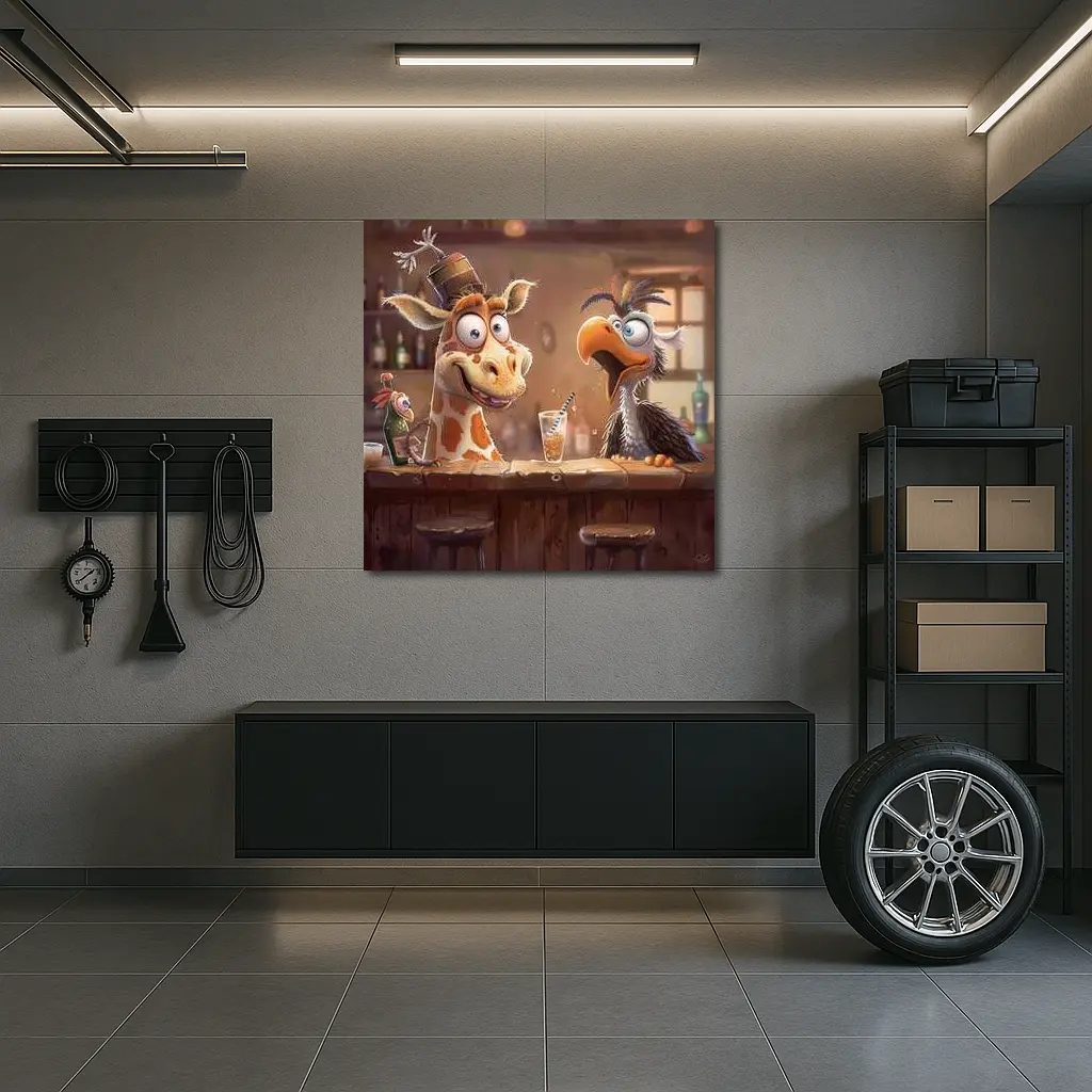 Goofy Giraffe and Bird at Bar – Wall Art