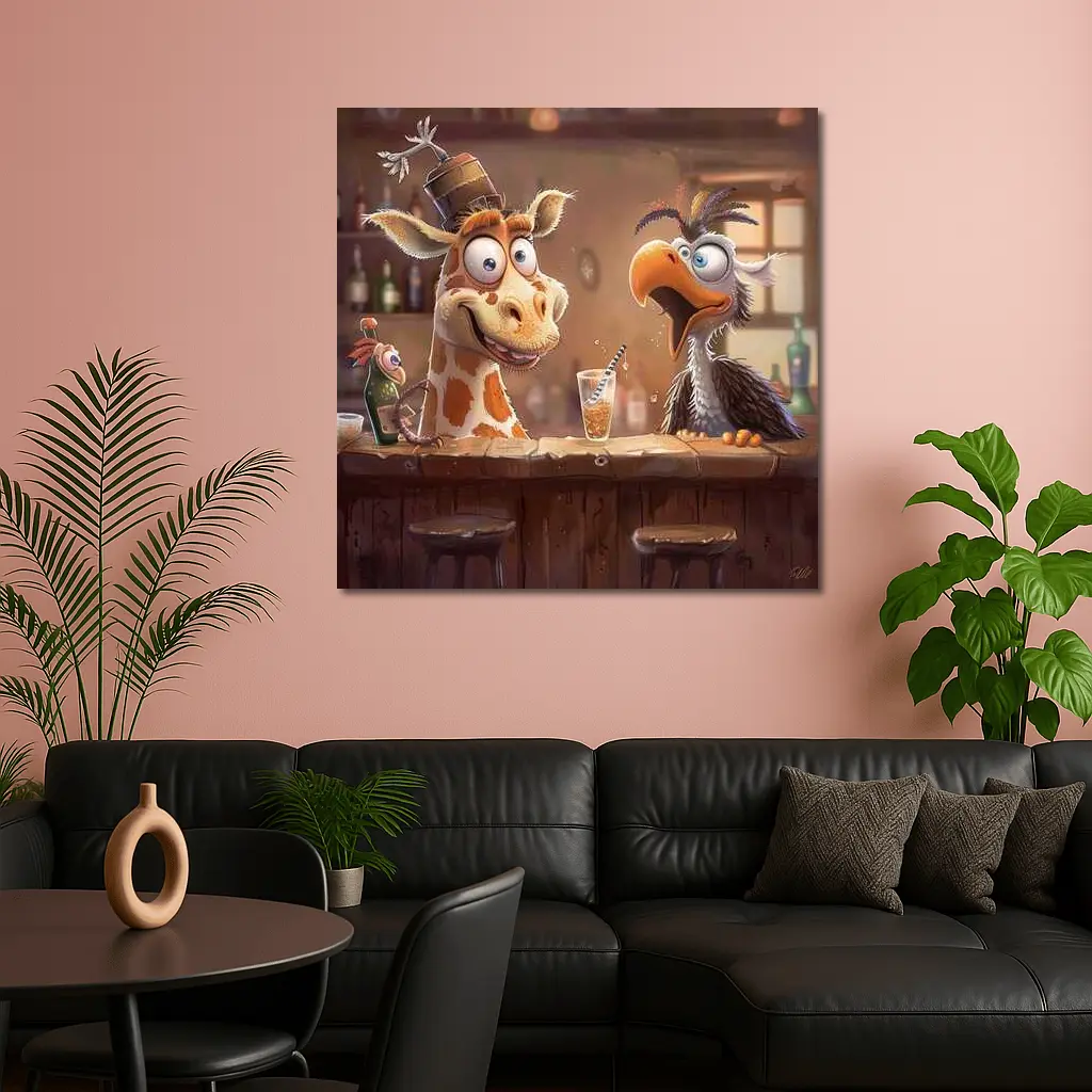 Goofy Giraffe and Bird at Bar – Wall Art