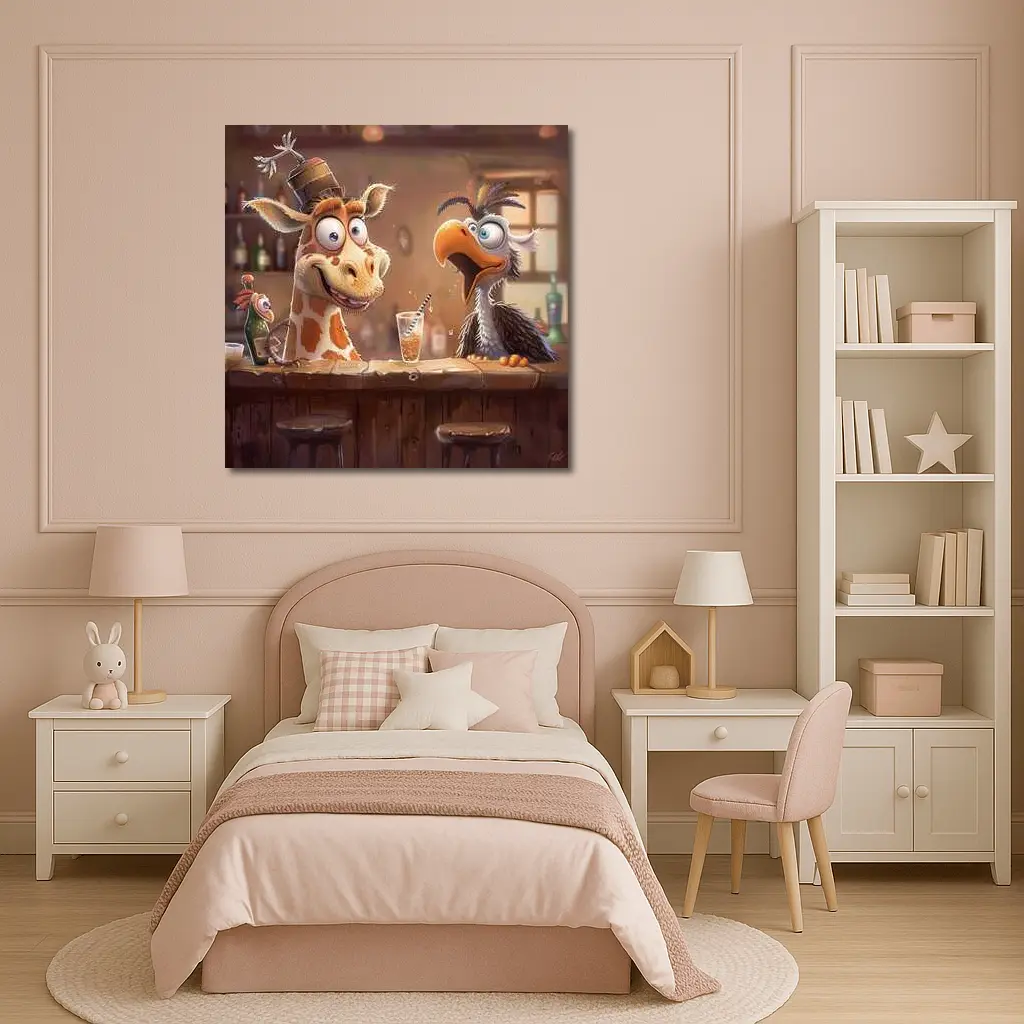 Goofy Giraffe and Bird at Bar – Wall Art