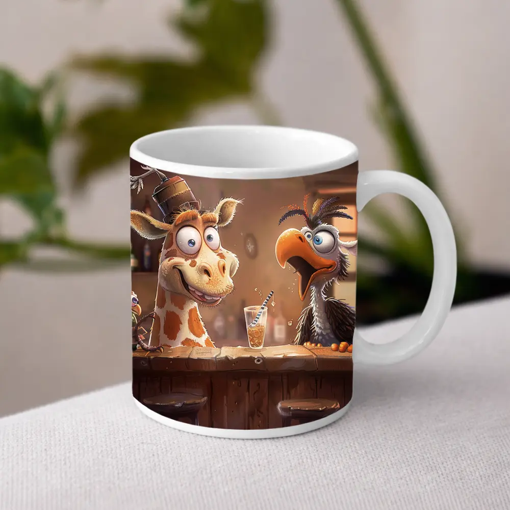 Goofy Giraffe and Bird at Bar – Mugs