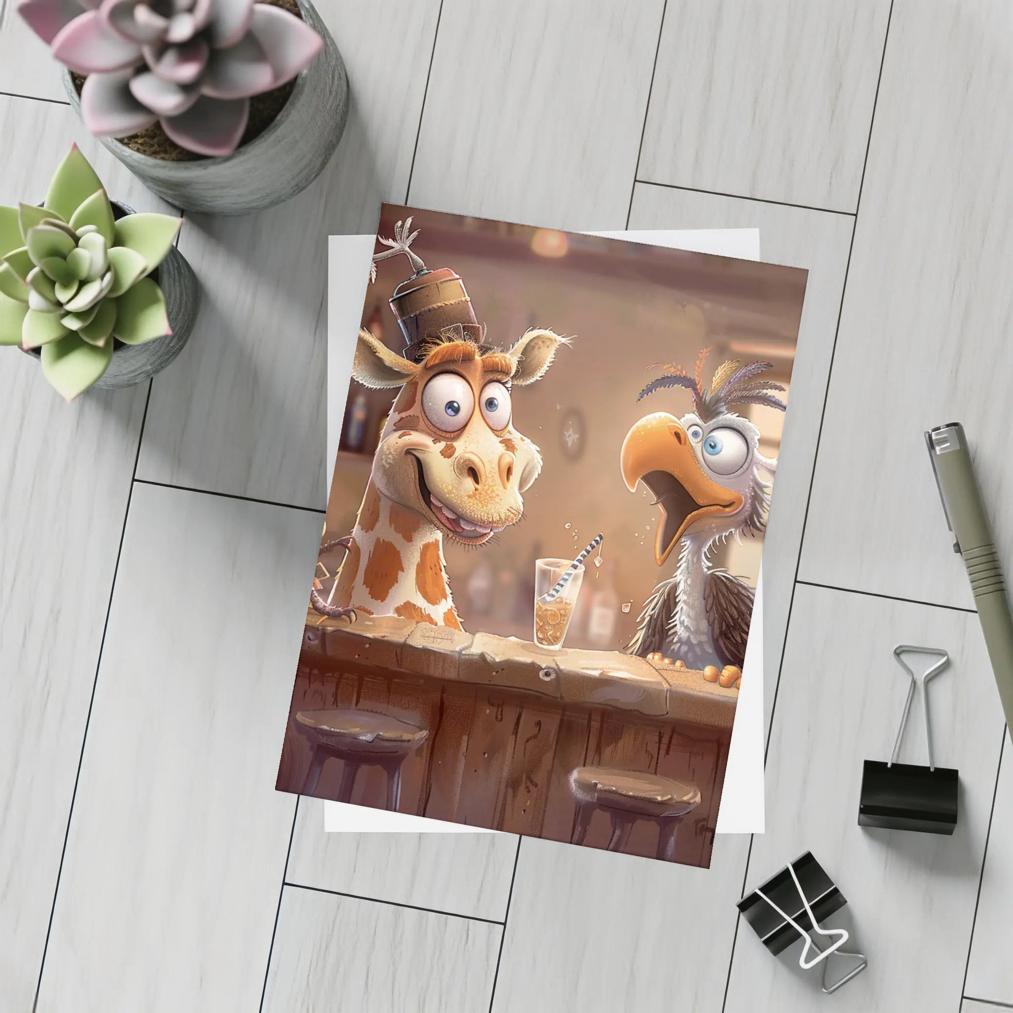 Goofy Giraffe and Bird at Bar – Postcards