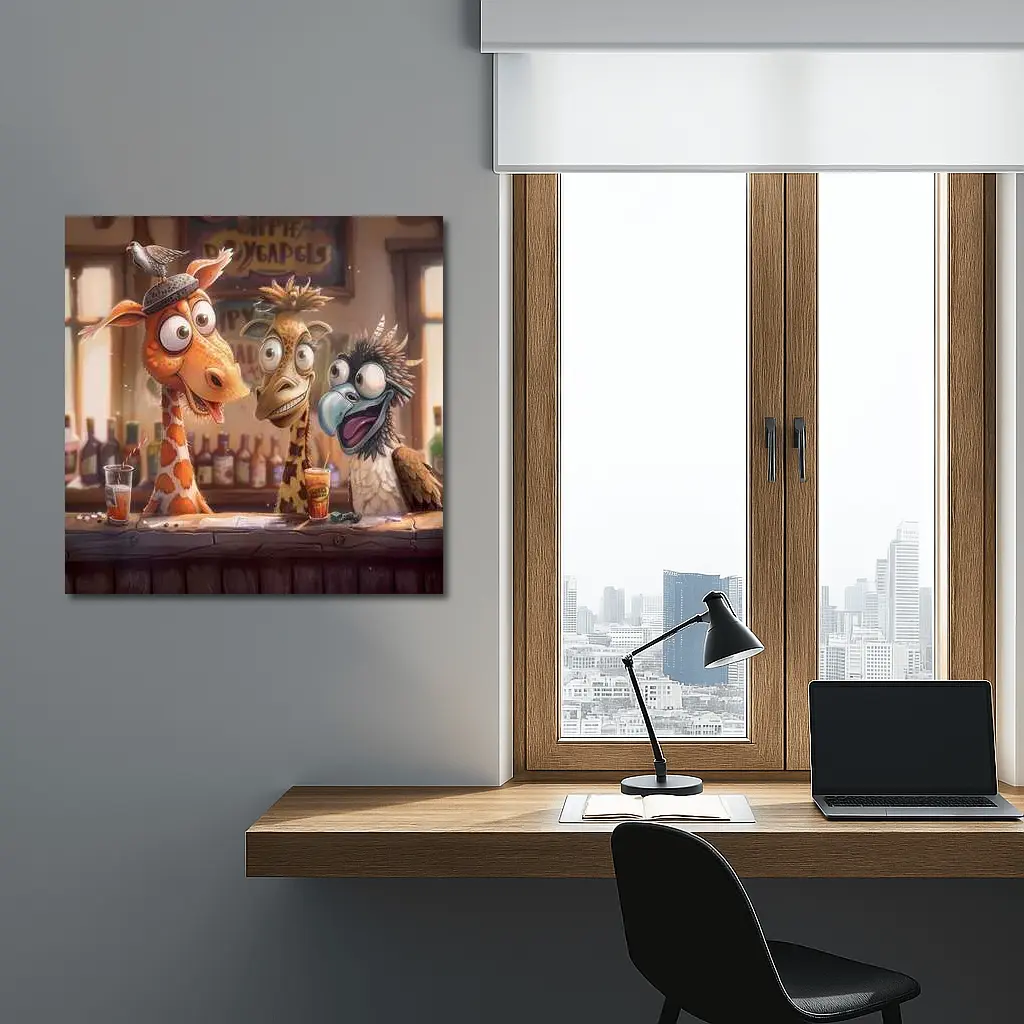 Funny Giraffes and Bird at Bar – Wall Art