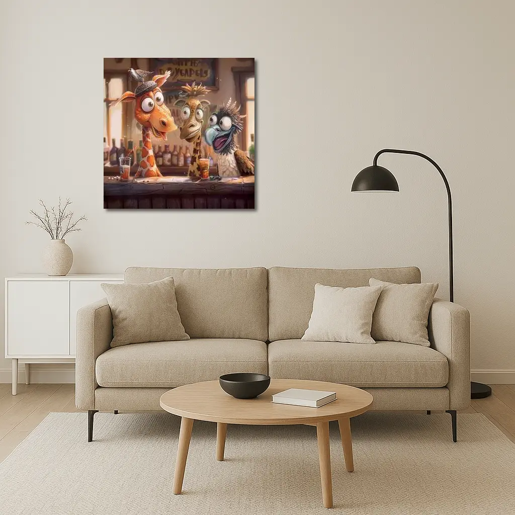 Funny Giraffes and Bird at Bar – Wall Art