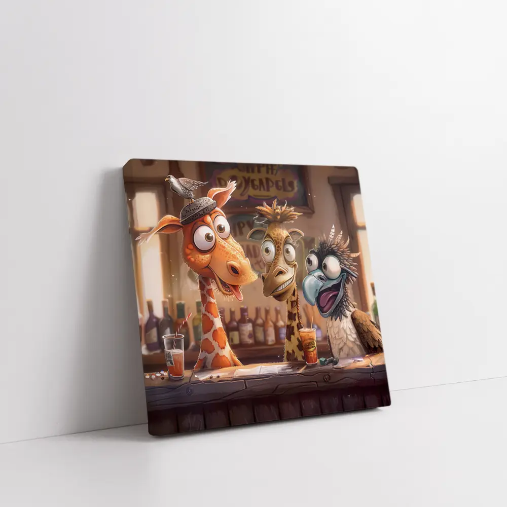 Funny Giraffes and Bird at Bar – Wall Art