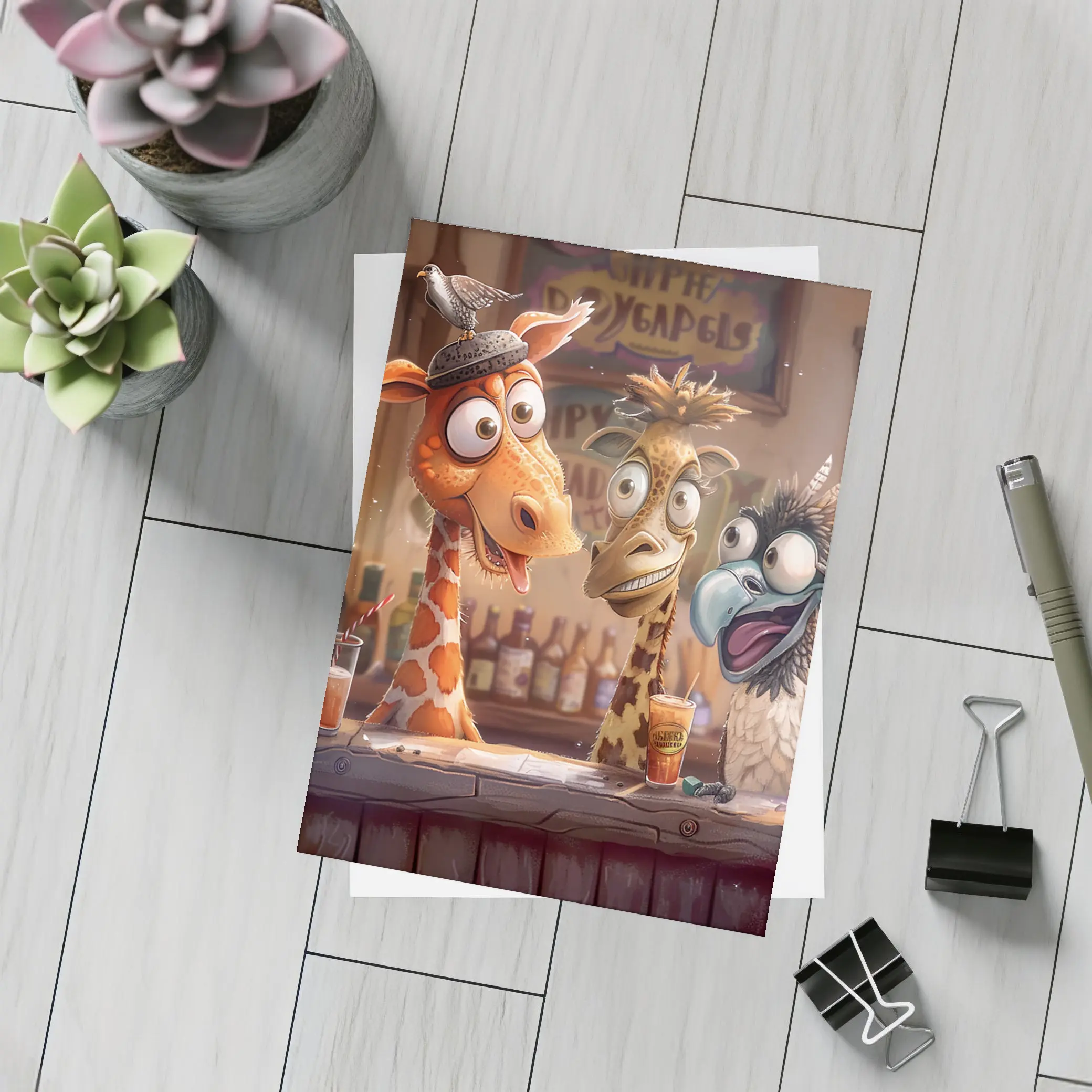 Funny Giraffes and Bird at Bar – Postcards