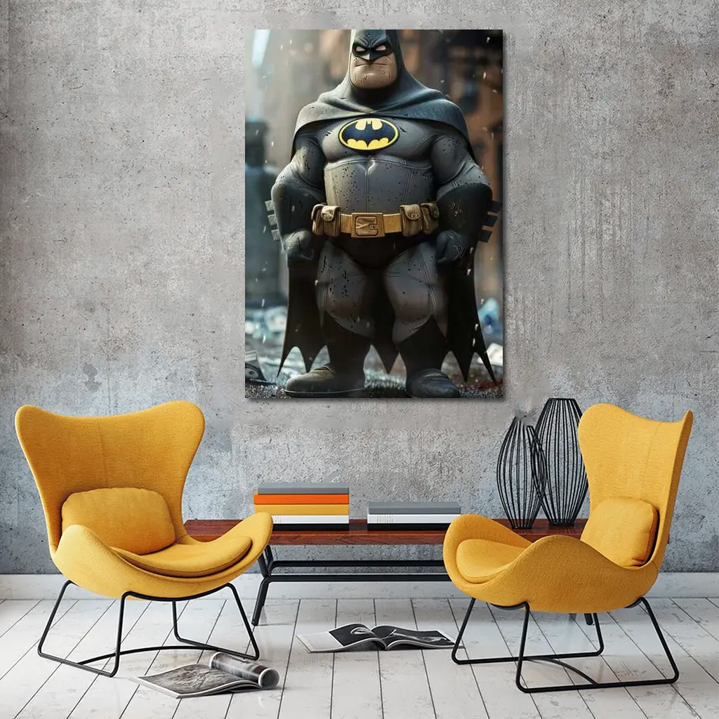 Chubby Batman Superhero Standing City Ruins – Wall Art