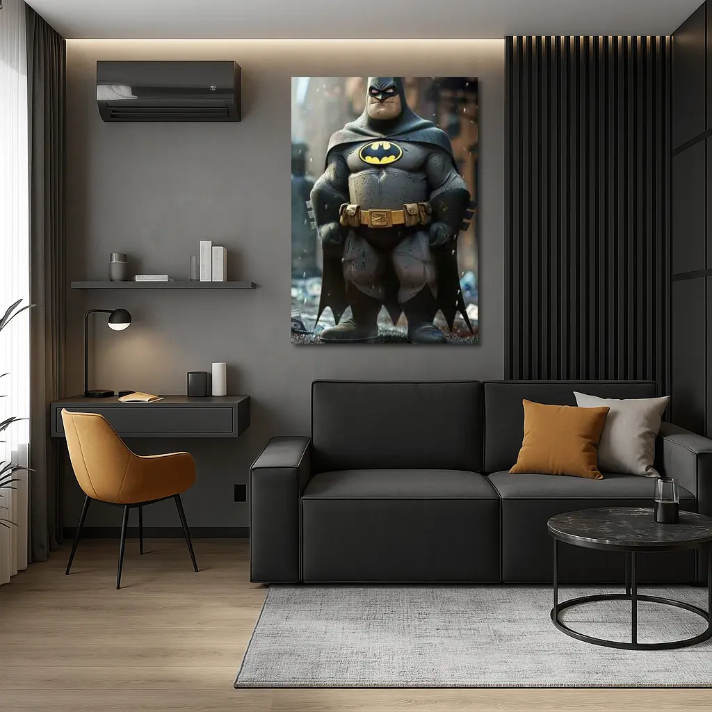 Chubby Batman Superhero Standing City Ruins – Wall Art