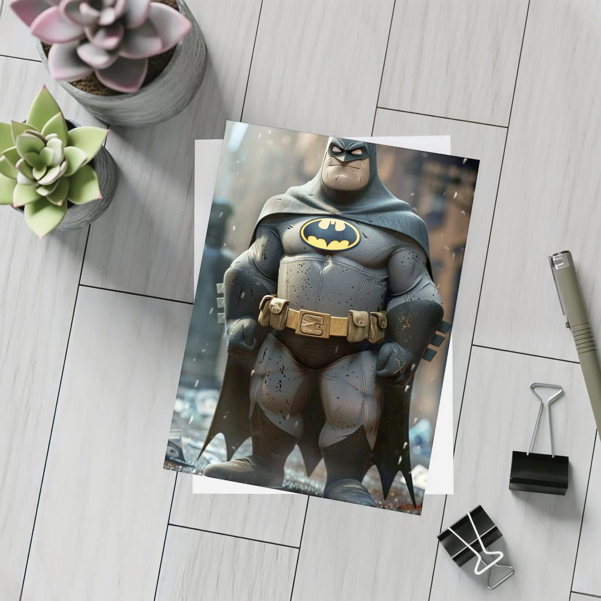 Chubby Batman Superhero Standing City Ruins – Postcards