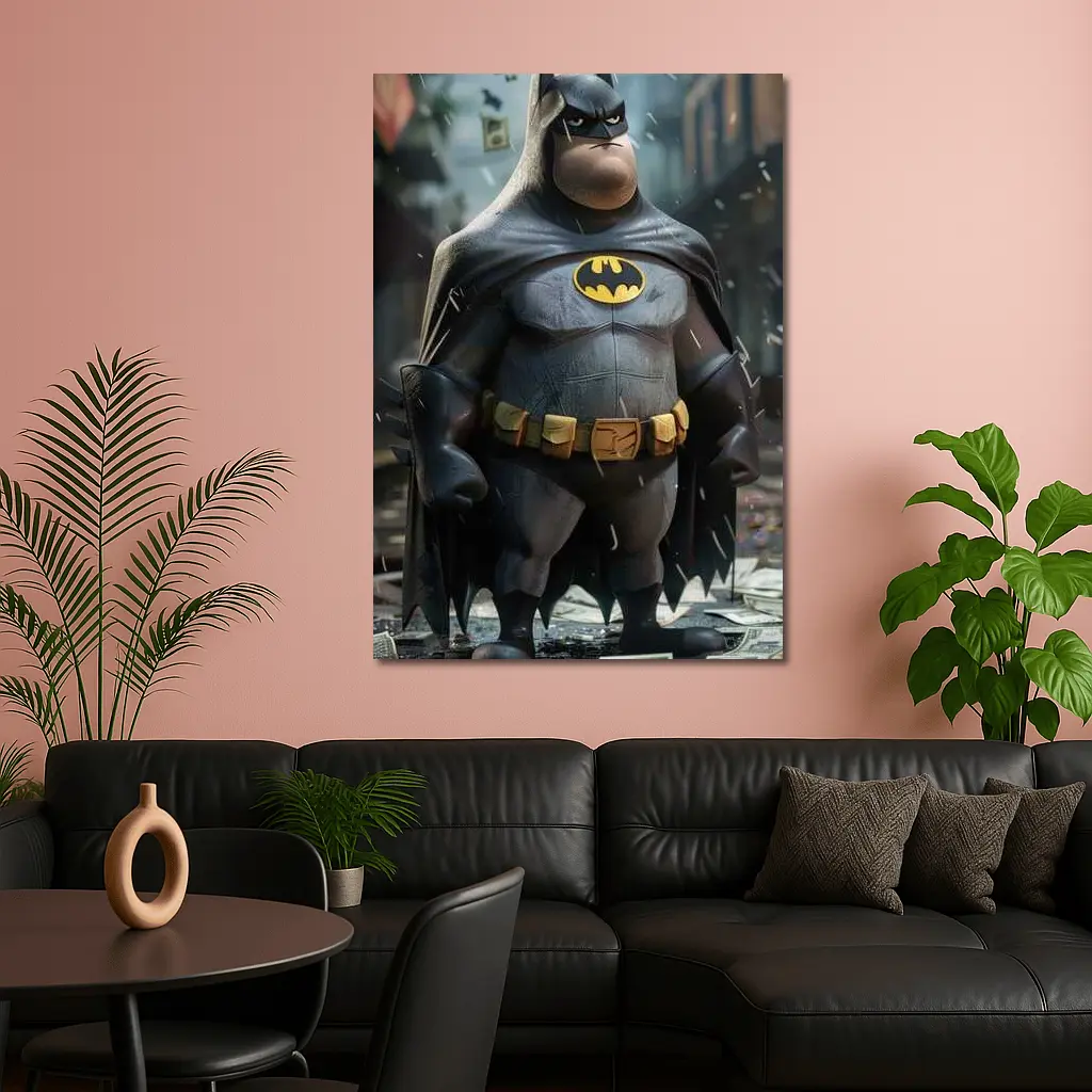 Chubby Batman Standing in Rainy City – Wall Art