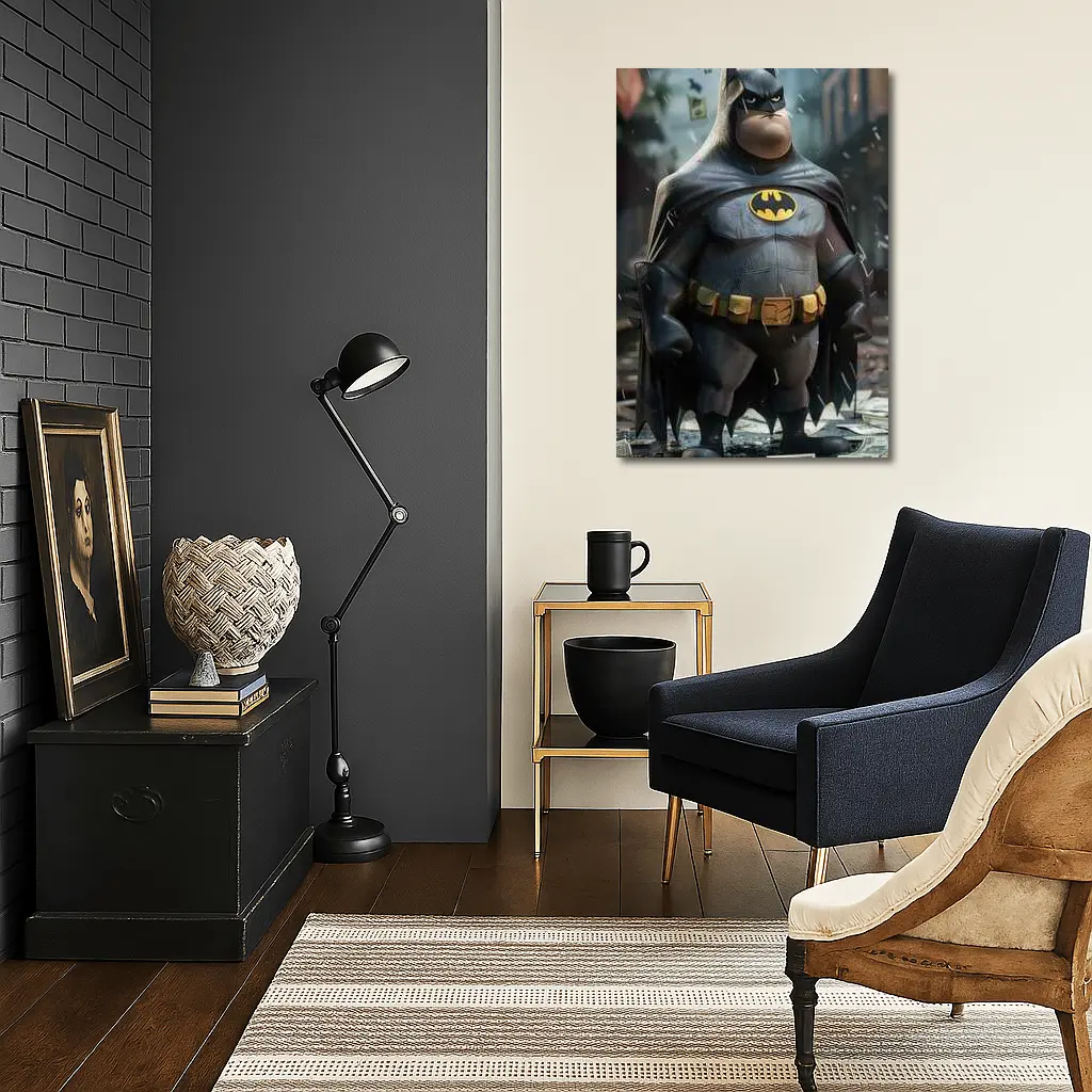 Chubby Batman Standing in Rainy City – Wall Art