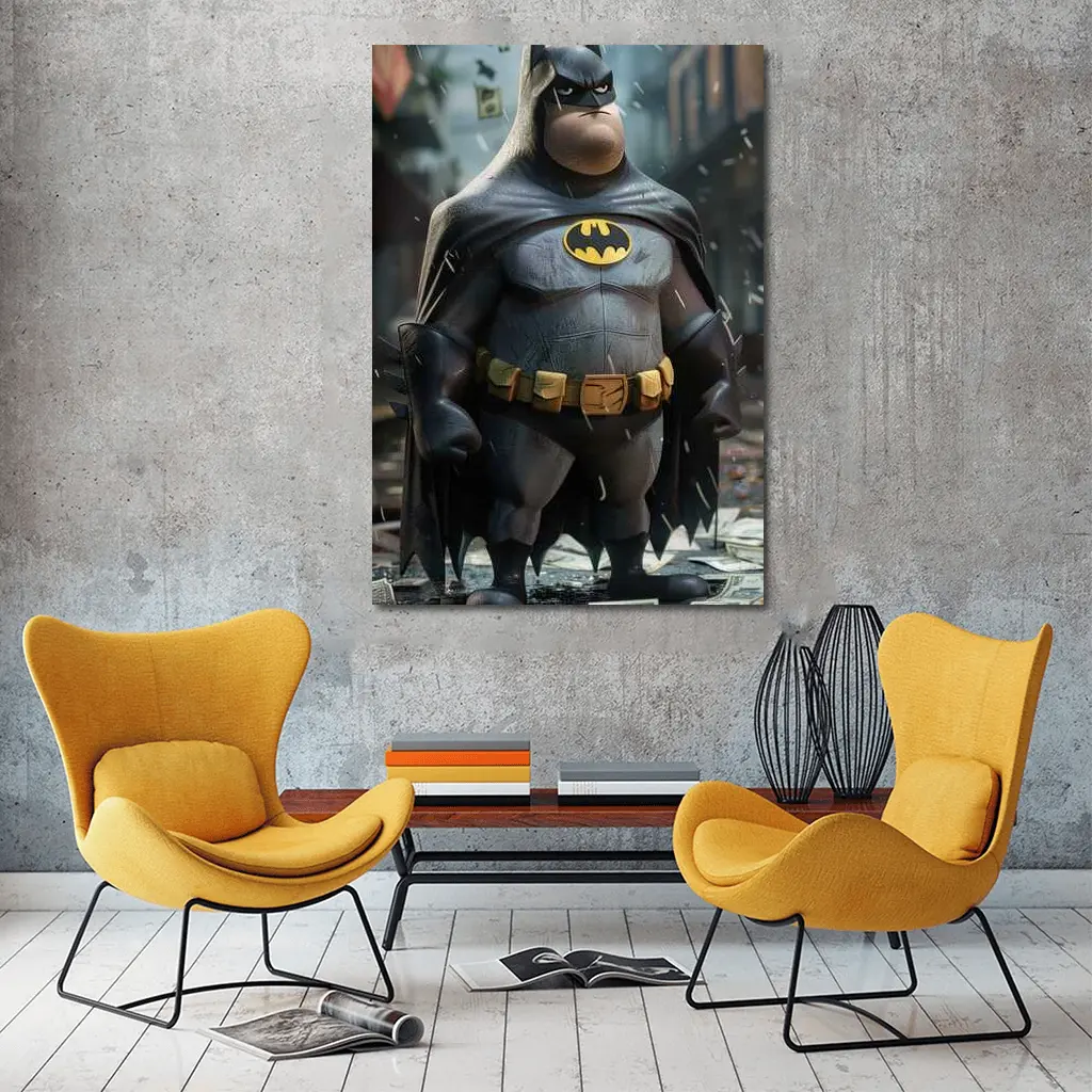 Chubby Batman Standing in Rainy City – Wall Art