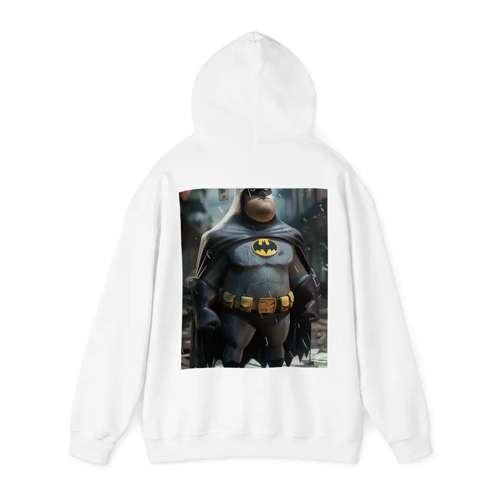 Chubby Batman Standing in Rainy City – Hoodies