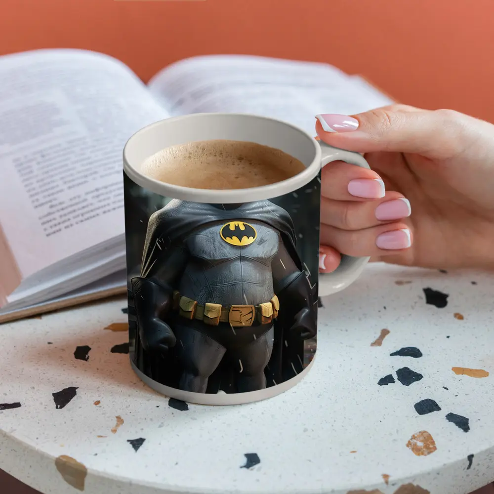 Chubby Batman Standing in Rainy City – Mugs