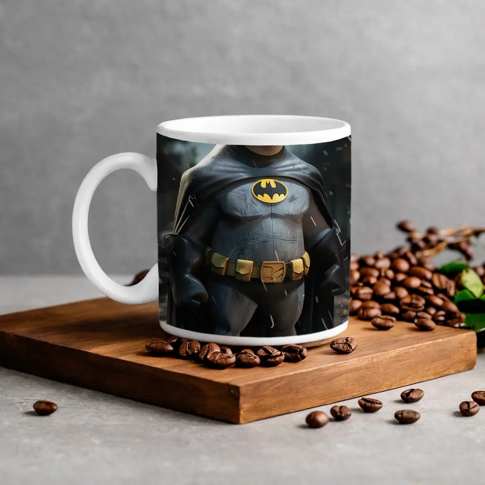 Chubby Batman Standing in Rainy City – Mugs