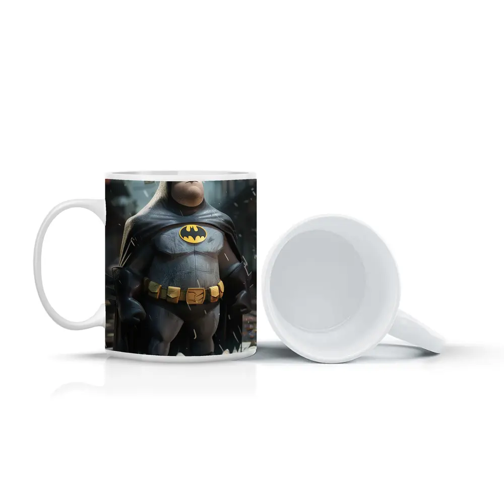 Chubby Batman Standing in Rainy City – Mugs