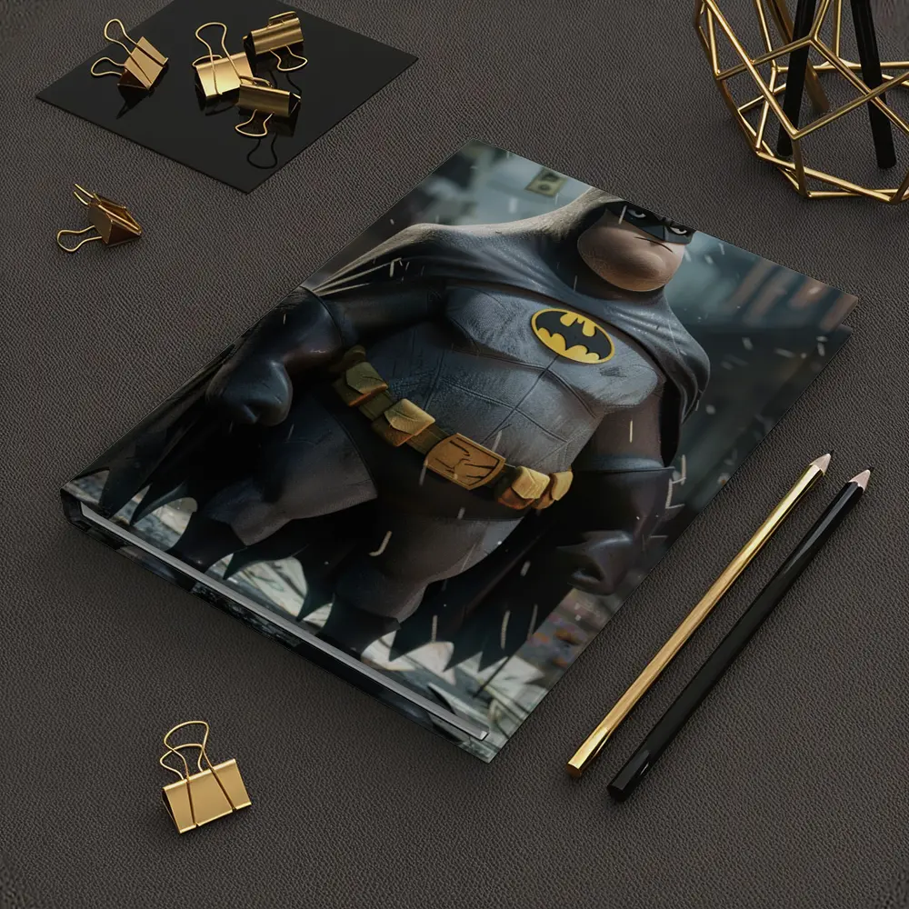 Chubby Batman Standing in Rainy City – Notebooks