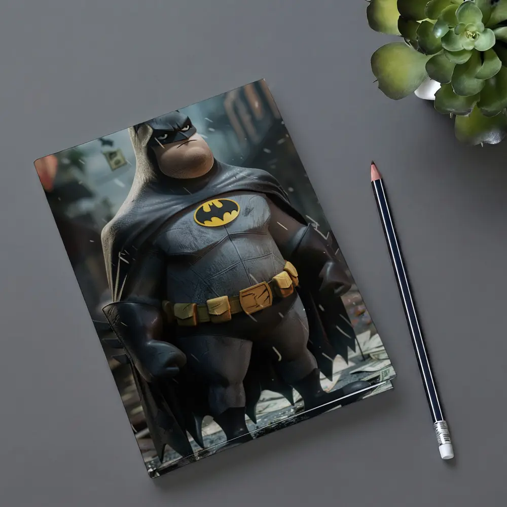 Chubby Batman Standing in Rainy City – Notebooks