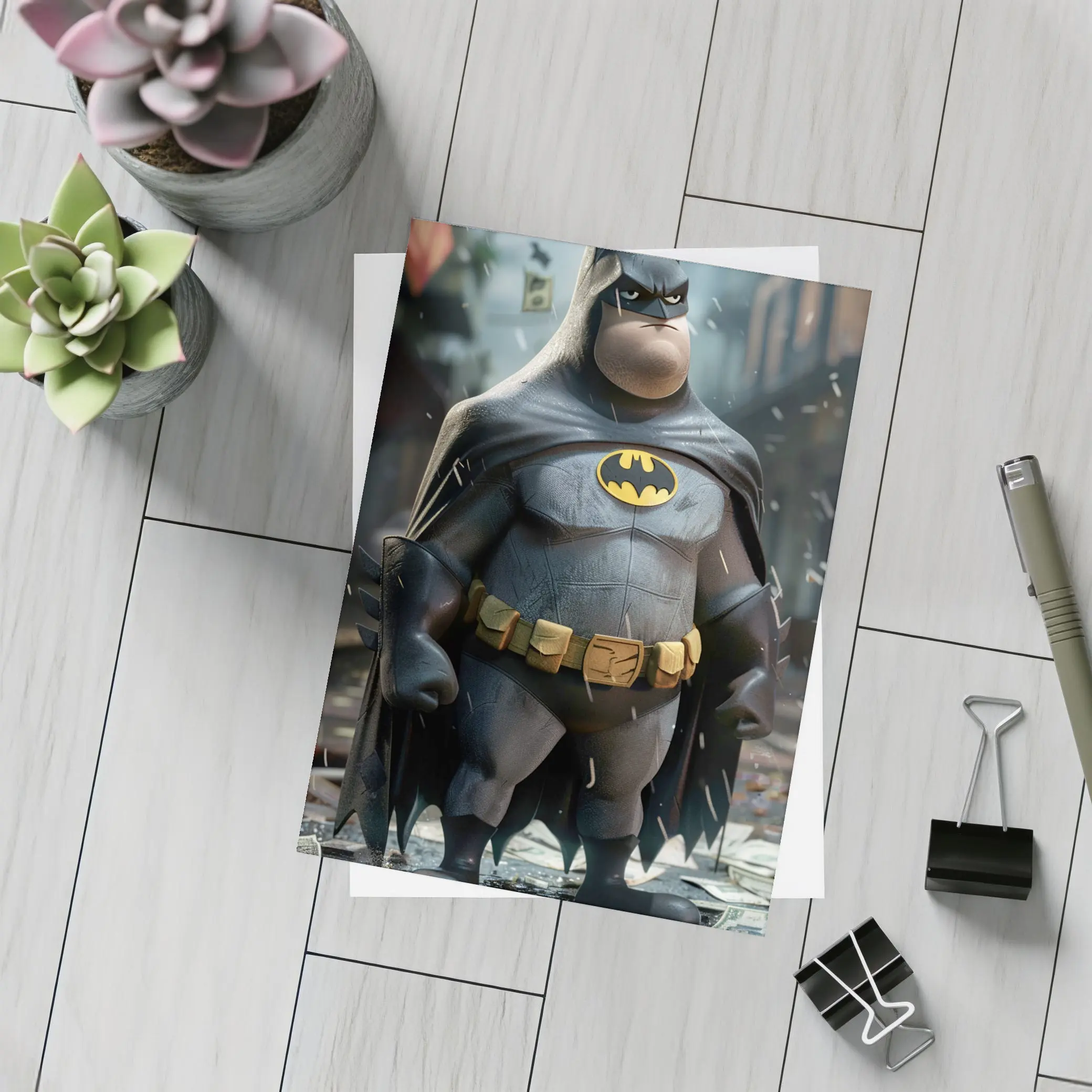 Chubby Batman Standing in Rainy City – Postcards