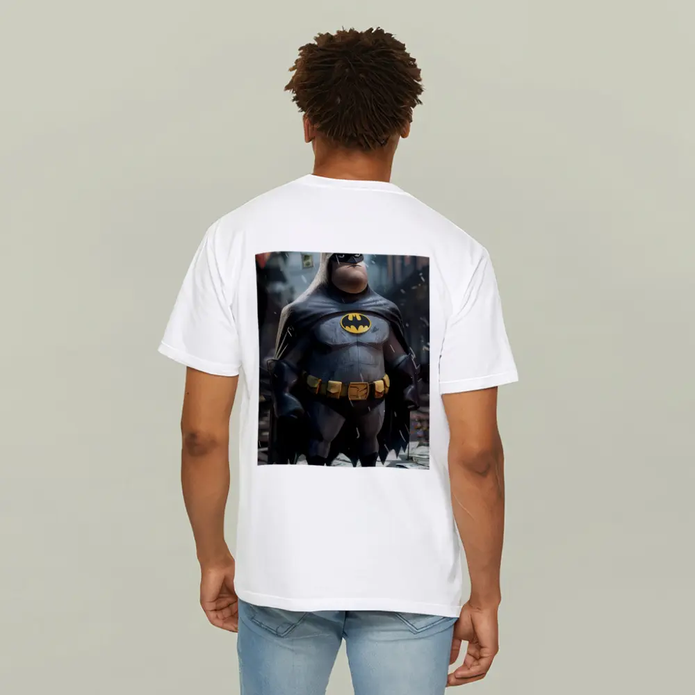 Chubby Batman Standing in Rainy City – T-Shirts