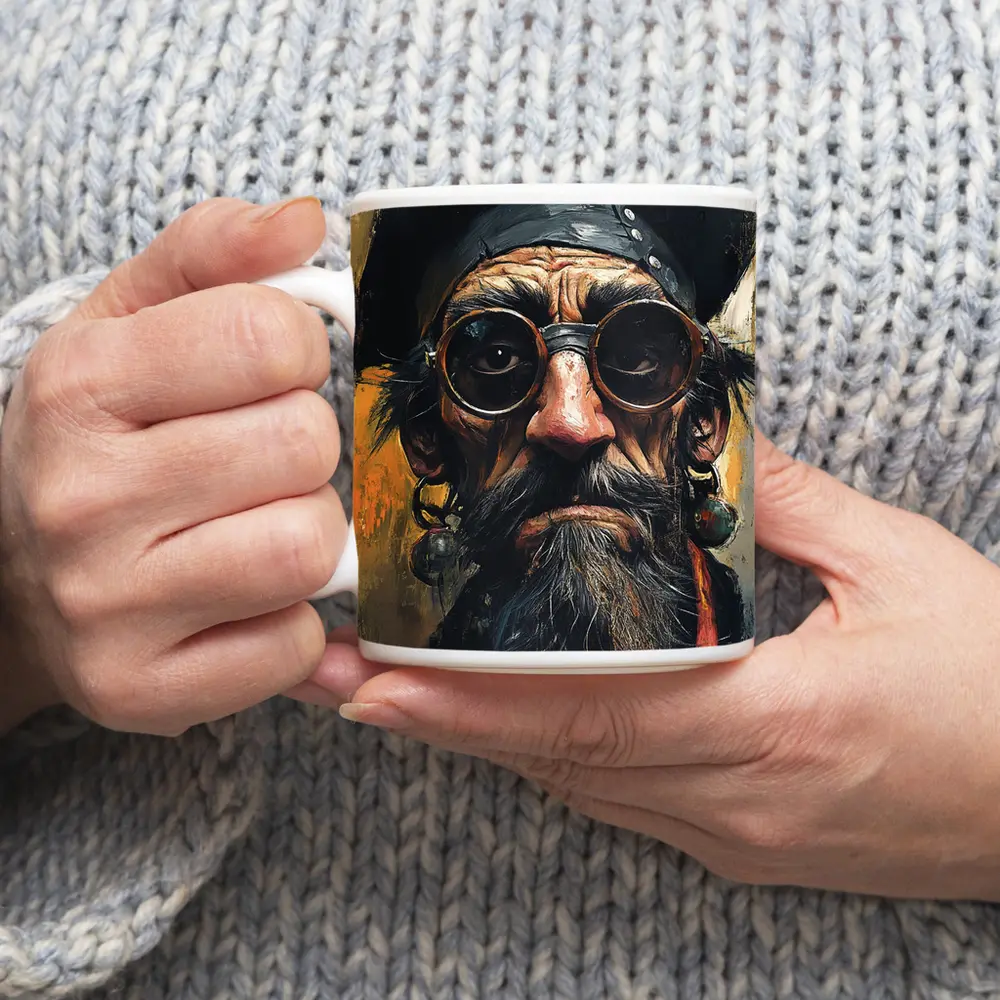 Old Pirate Portrait Oil Painting Golden Background – Mugs
