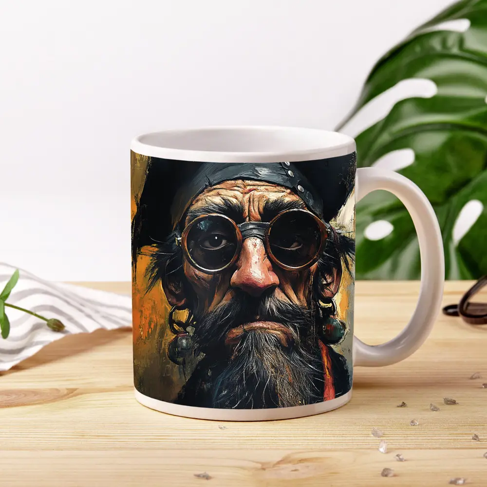Old Pirate Portrait Oil Painting Golden Background – Mugs