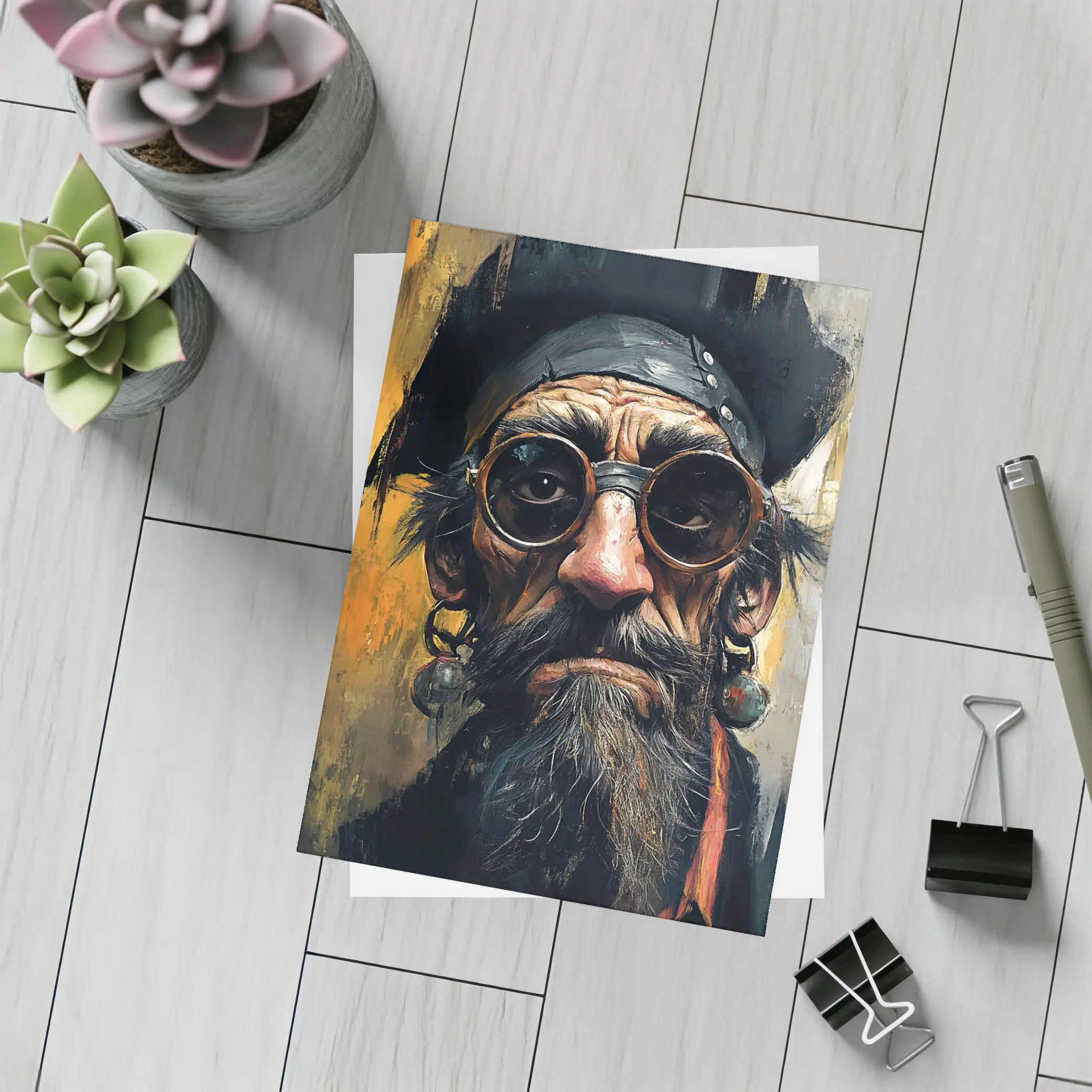 Old Pirate Portrait Oil Painting Golden Background – Postcards