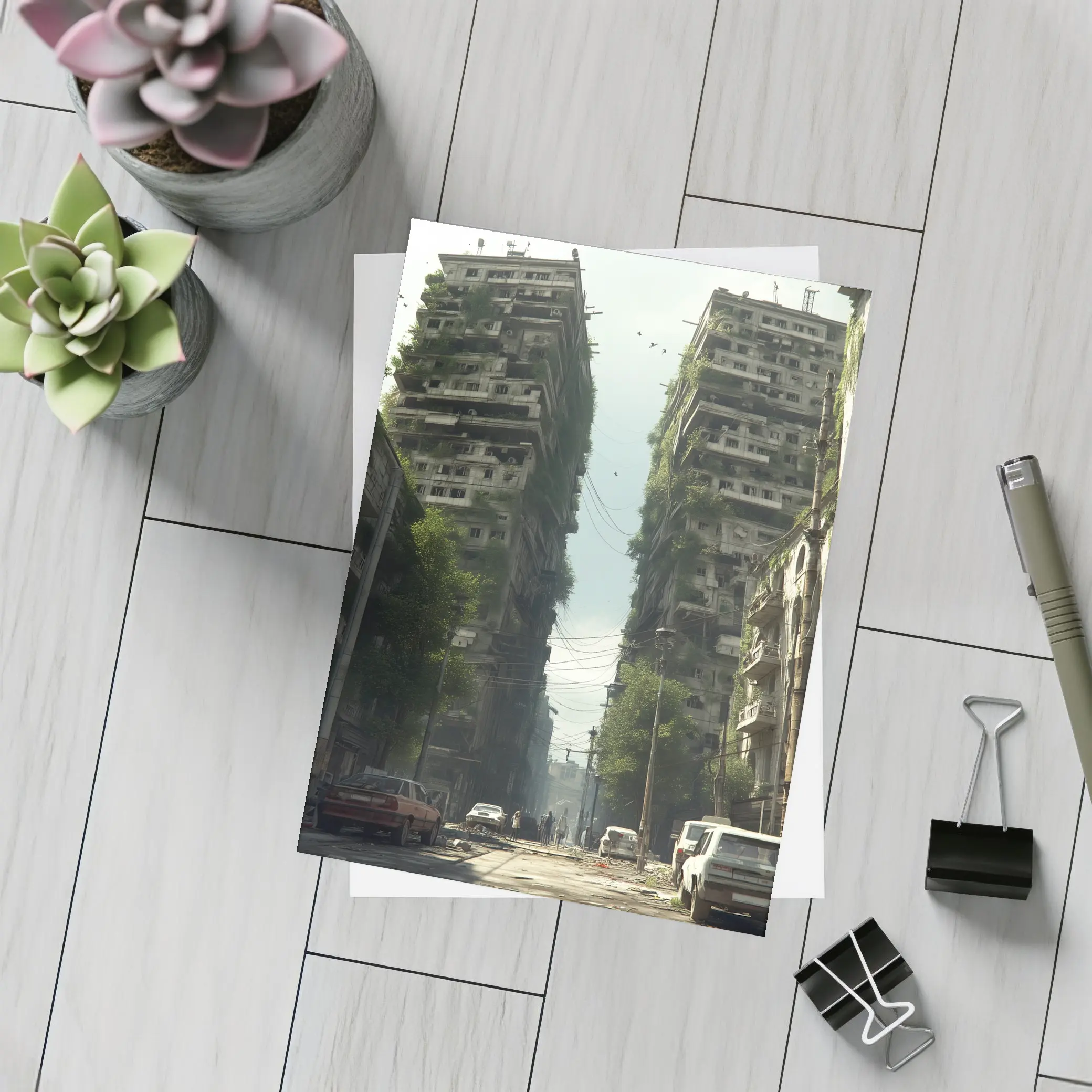 Abandoned City Street Overgrown Buildings Post Apocalyptic – Postcards