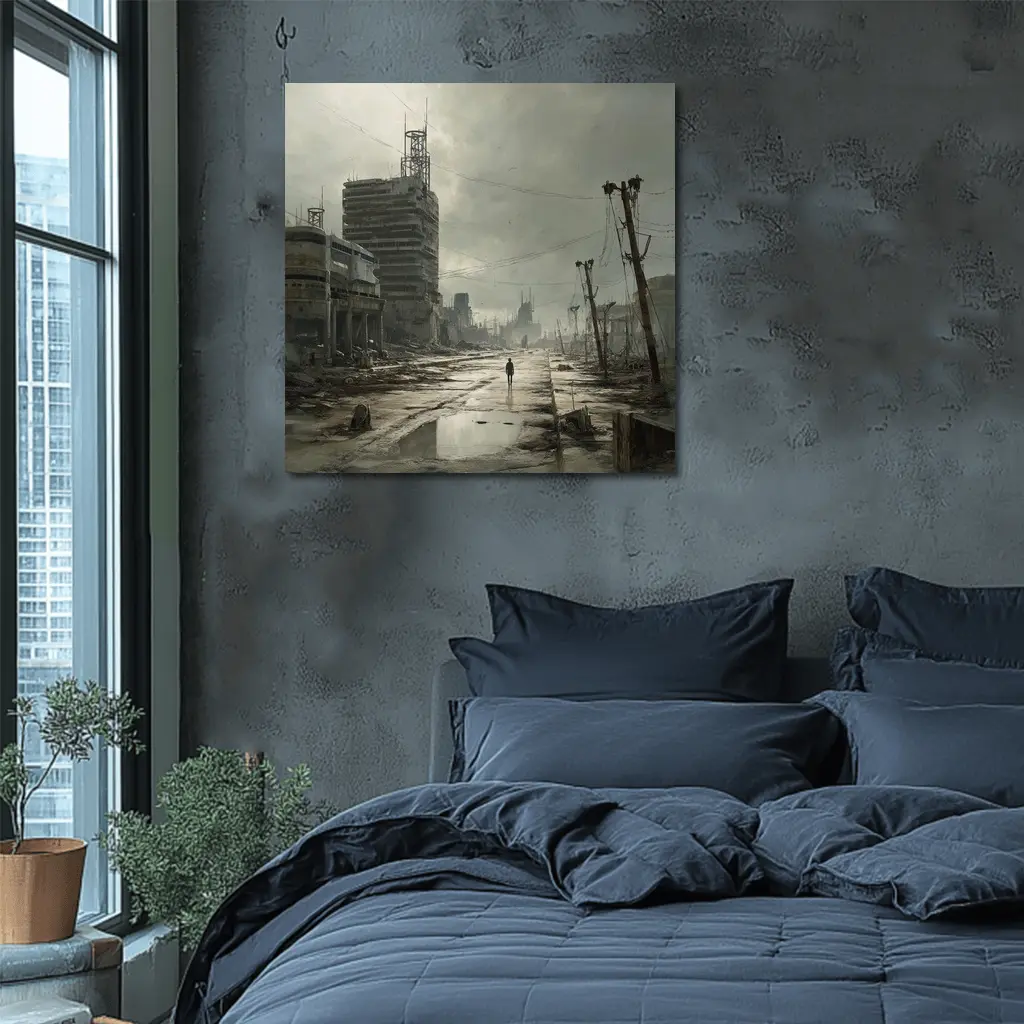 Lone Figure Walking Through Desolate Abandoned City – Wall Art