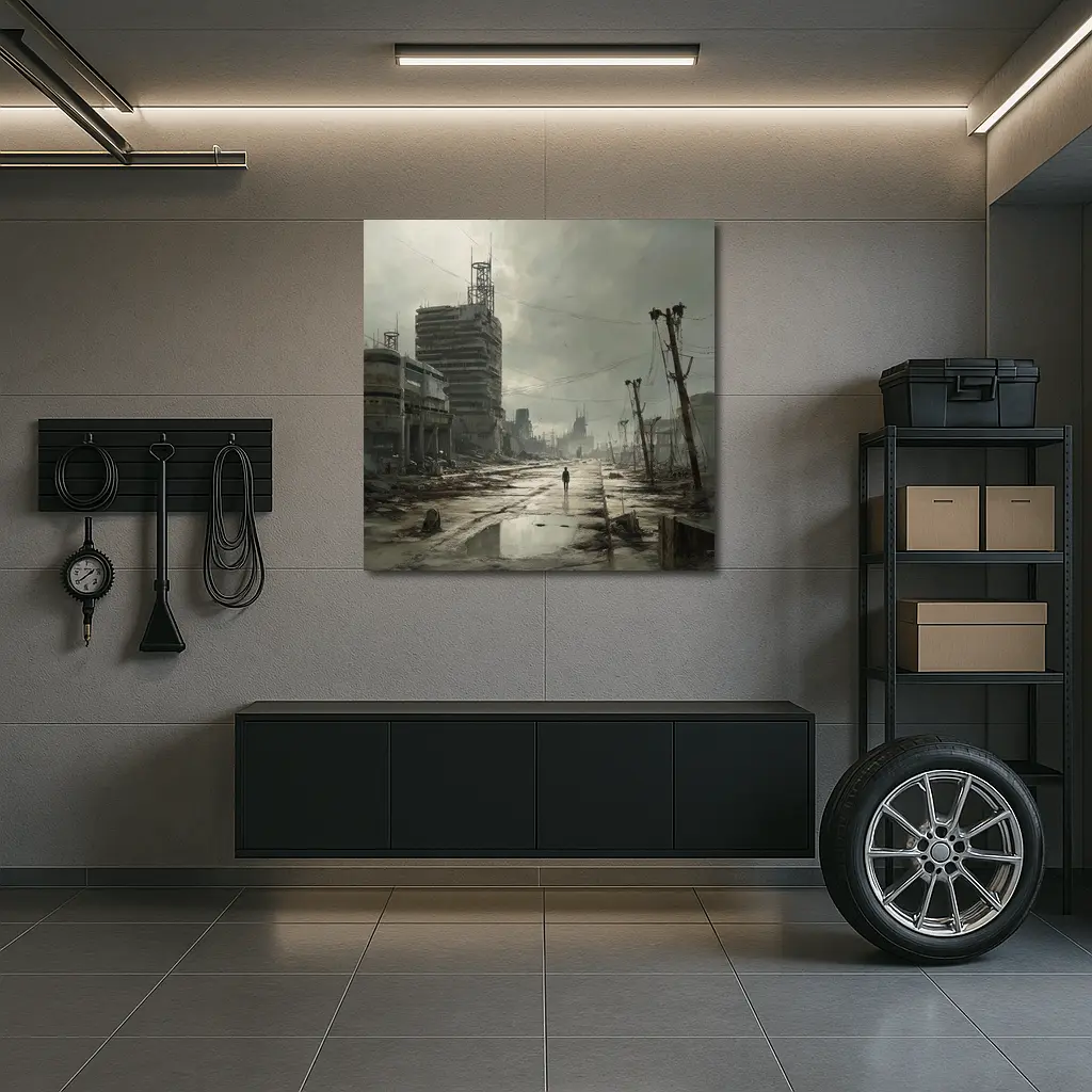 Lone Figure Walking Through Desolate Abandoned City – Wall Art