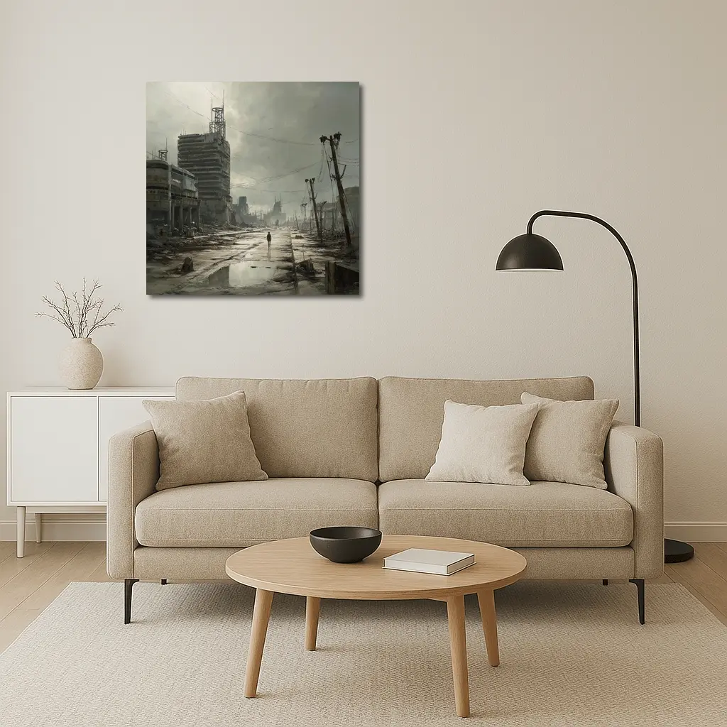 Lone Figure Walking Through Desolate Abandoned City – Wall Art