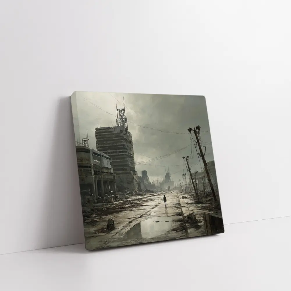 Lone Figure Walking Through Desolate Abandoned City – Wall Art