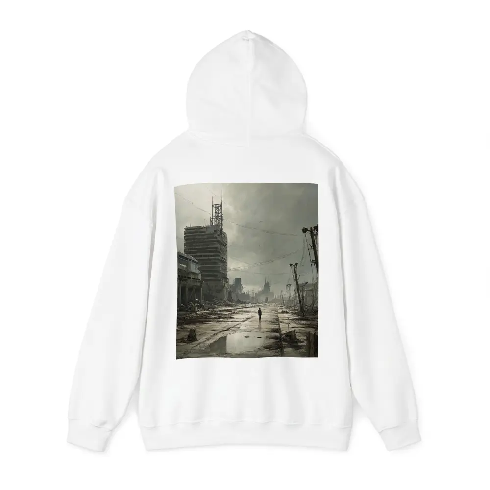 Lone Figure Walking Through Desolate Abandoned City – Hoodies