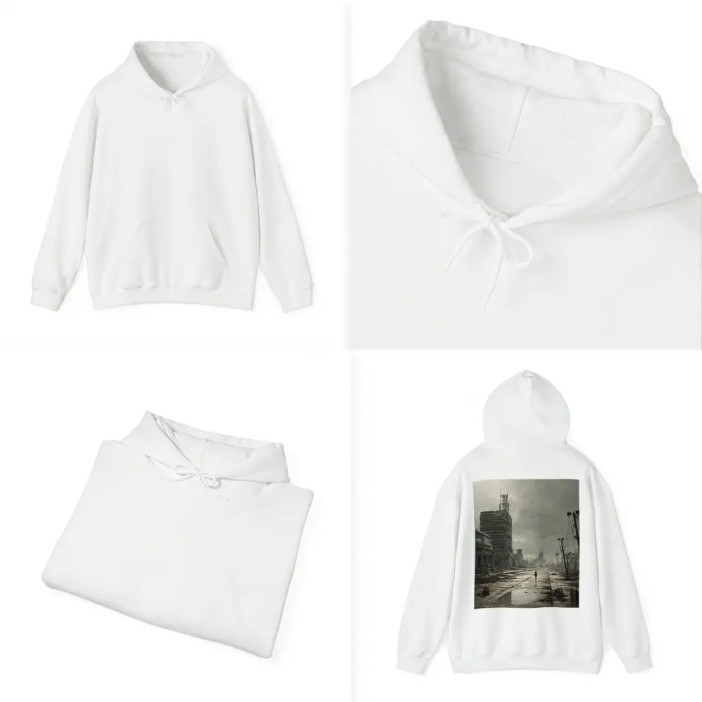 Lone Figure Walking Through Desolate Abandoned City – Hoodies
