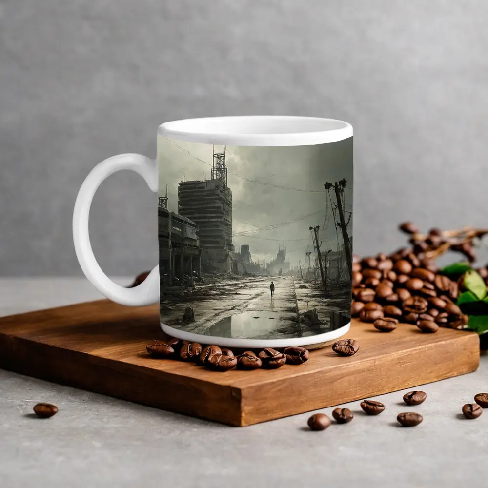 Lone Figure Walking Through Desolate Abandoned City – Mugs