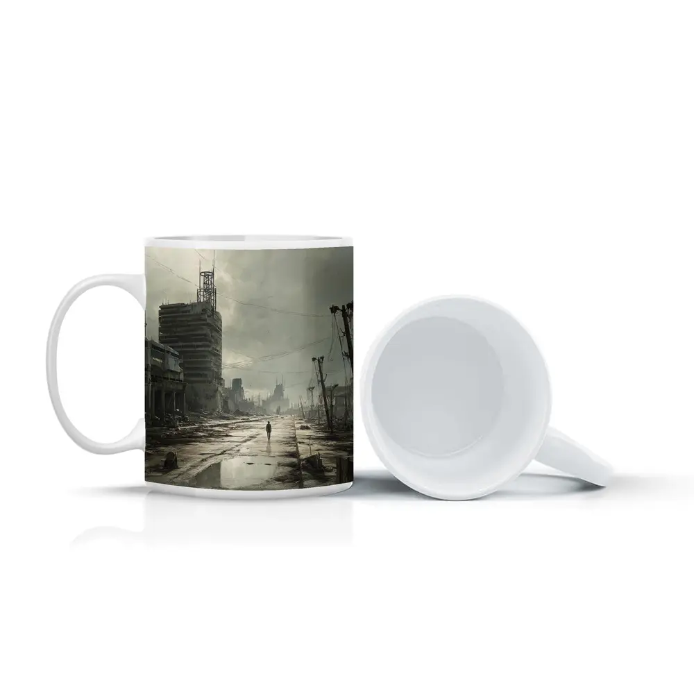Lone Figure Walking Through Desolate Abandoned City – Mugs