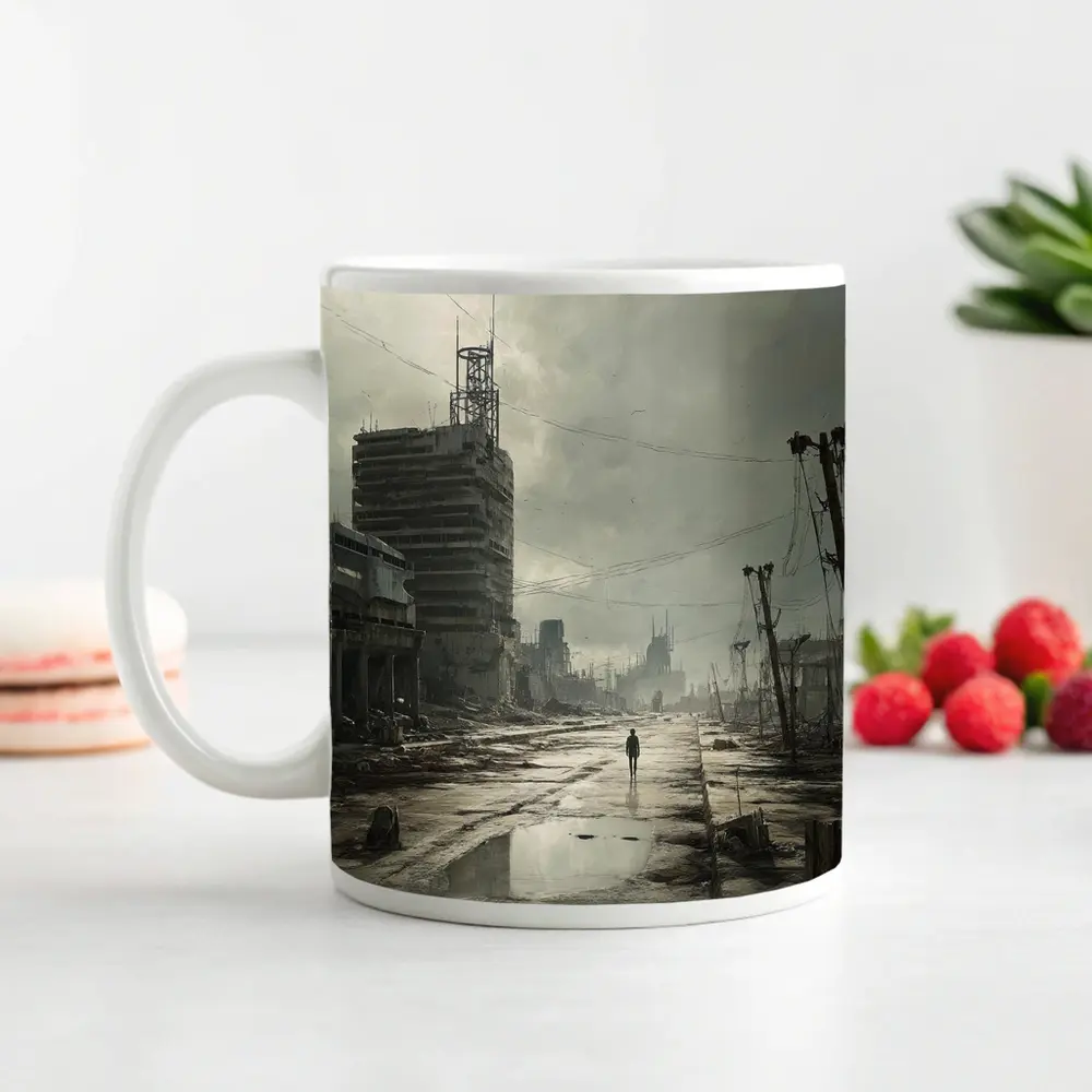Lone Figure Walking Through Desolate Abandoned City – Mugs