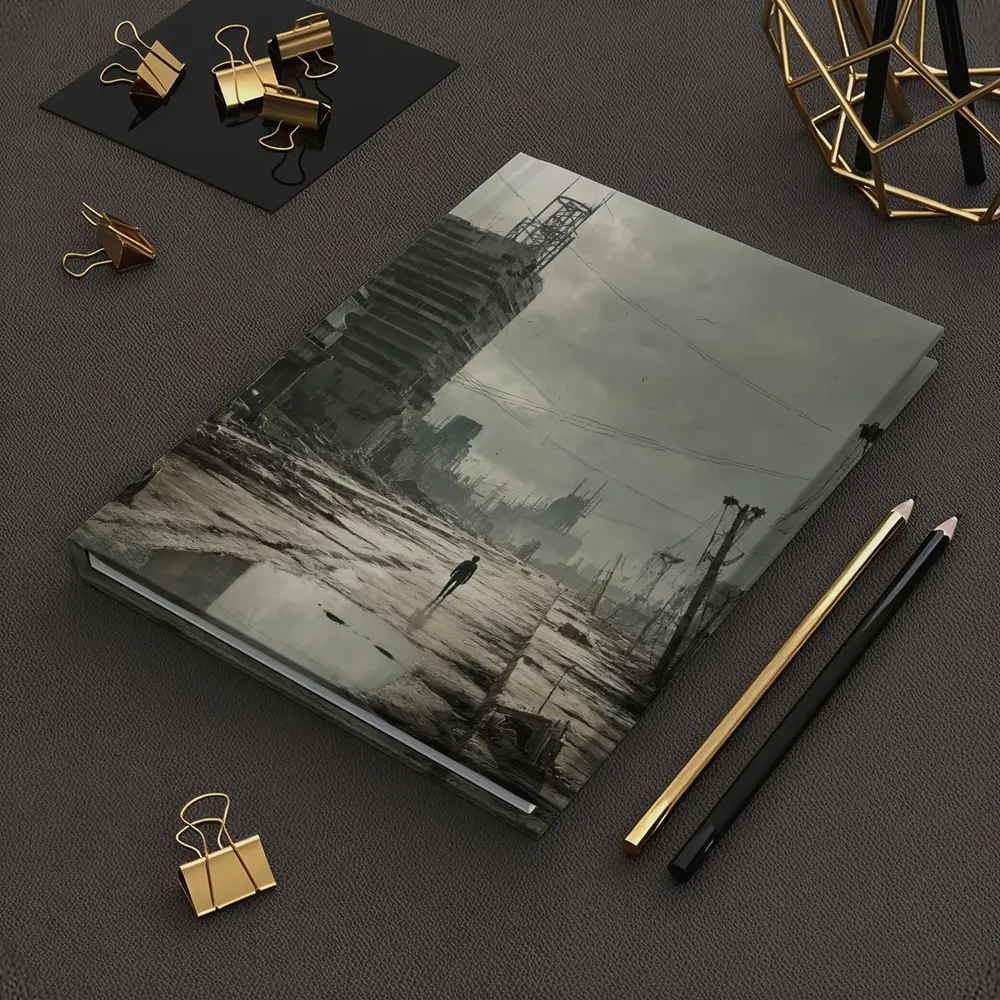 Lone Figure Walking Through Desolate Abandoned City – Notebooks