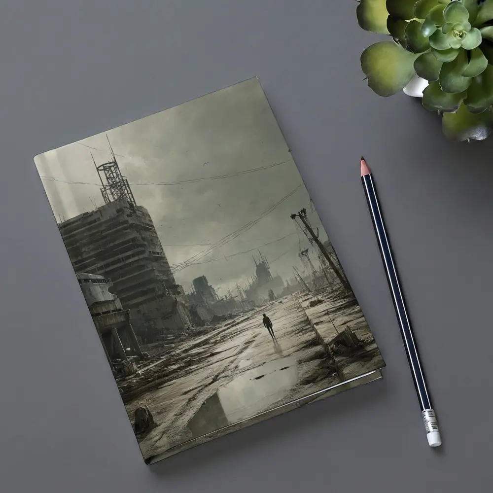 Lone Figure Walking Through Desolate Abandoned City – Notebooks